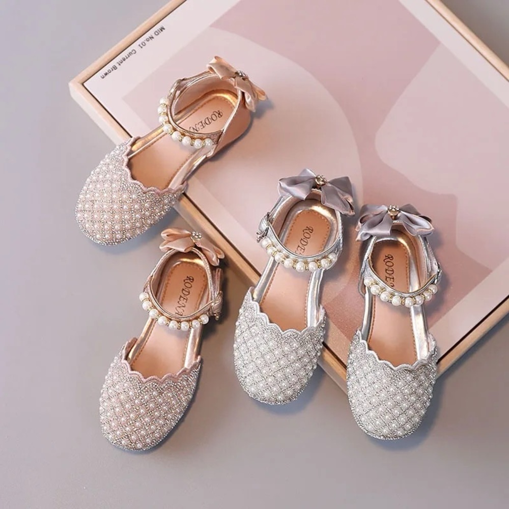 Girls Mary Jane Ballerina Flat Dress Shoes Pearl Rhinestone Glitter flats - Picture 8 of 10